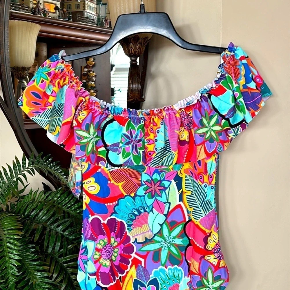 NWT Bleu Rod Beattie Colorful Floral Off The Shoulder Ruffle One-Piece Swimsuit